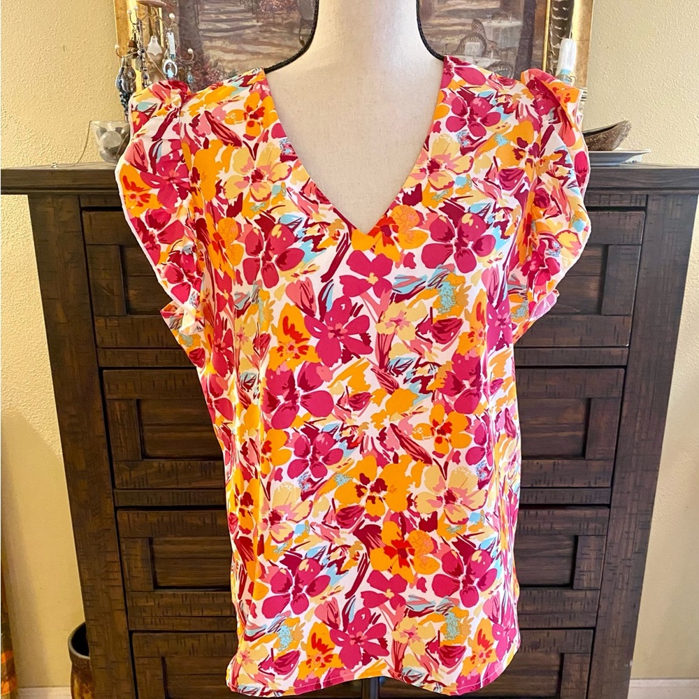 Floral Print Mock Neck Blouse W/ Elegant Ruffle Trim